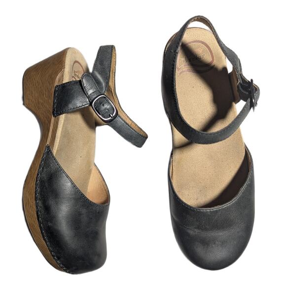 Dansko Sam Pewter Gray Leather Buckling Ankle Strap Mary Jane Chunky Clog 38 7.5 - Picture 1 of 7